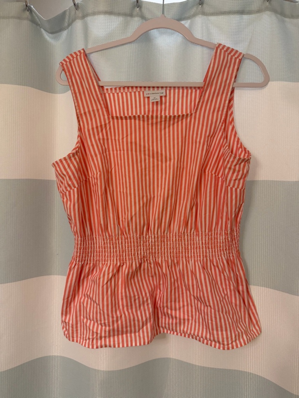Liz Claiborne Coral and White Striped Smocked Waist Camisole
